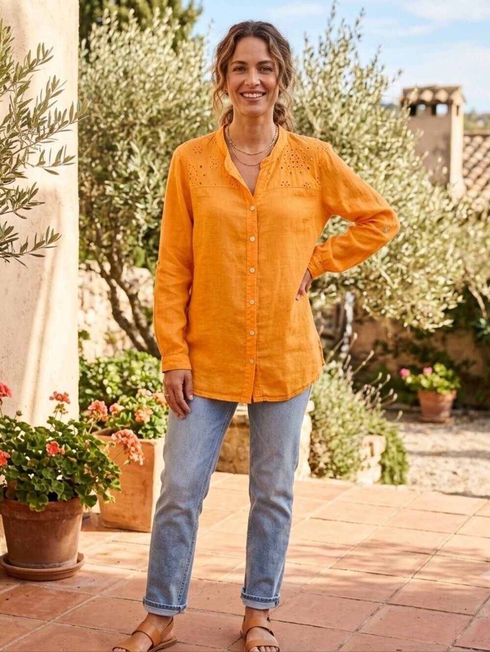 100% Linen Blouse Top Size (XL) Roll Tab Sleeve Made in Italy Orange